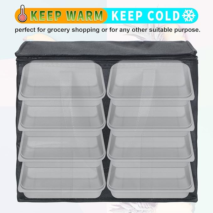 Kenning 15 Pcs Large Insulated Reusable Grocery Bags with Sturdy Zipper and Handles Foldable Washable Cooler Totes Heavy Duty Hot or Cold Food Delivery Bag for Food Transport Travel Lunch (Black)