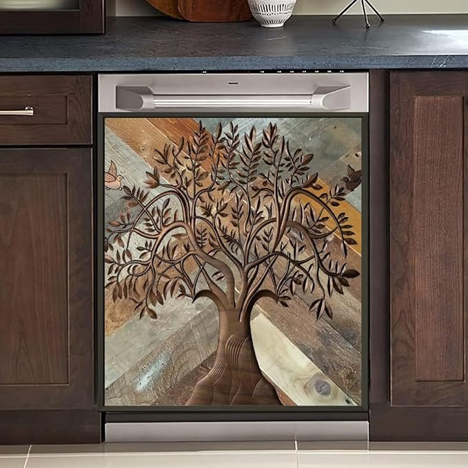 Stainless Steel Tree of Life Dishwasher Cover for Front, Wooden Door Refrigerator Cover Skin Decor, Birds Dishwasher Panel Decal, Ordinary 23" x 26"