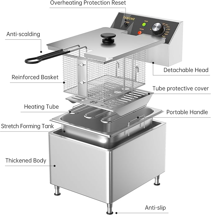 TANGME Deep Fryer with Single Basket, 1750W Electric Countertop Fryer 12.7Qt Heavy Duty Large Commercial Deep Fryers with Lid and High Legs for Restaurant, UL Certified