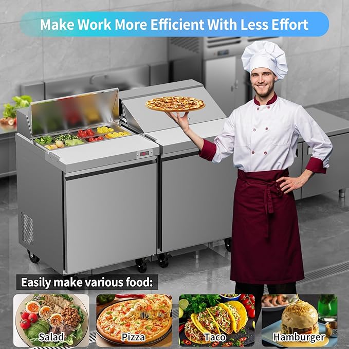 29" W Sandwich Salad Prep Table Refrigerator Commercial Refrigerator with 8 Pans Stainless Steel Fan Cooling Kitchen Equipment