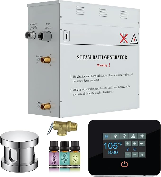 Builders Series 7.5kW Steam Bath Generator with Quickstart Continuous Steam, Black Digital Touch Pad, Built-in Auto-Drain, and Aroma Steamhead in Polished Chrome