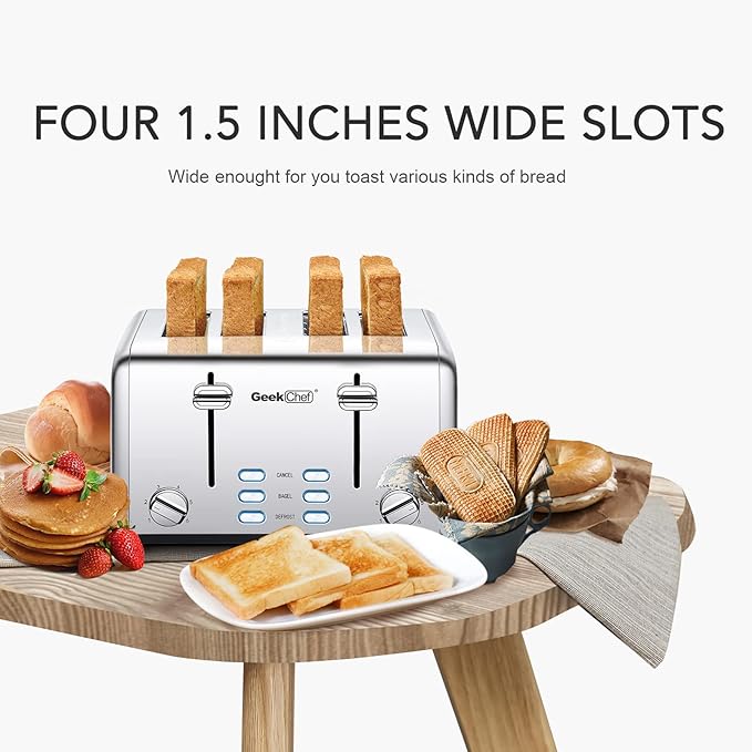 Toaster 4 Slice, Geek Chef Stainless Steel Extra-Wide Slot Toaster with Dual Control Panels of Bagel/Defrost/Cancel Function, 6 Toasting Bread Shade Settings, Removable Crumb Trays, Auto Pop-Up