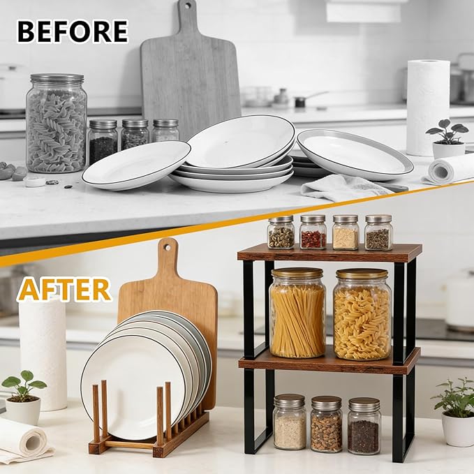 5 Pcs Kitchen Organizer Accessories Set Kitchen Storage Organizer Versatile Display Shelf Include Cabinet Organizer Shelf and Bamboo Dish Drying Plate Rack for Dish Plate Cup Pot Lid Cutting Bowl Cup