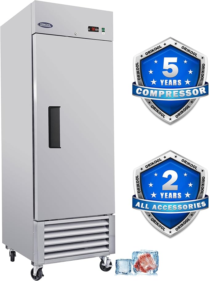 mikibama 27"W Commercial Freezer with Single Solid Door 23 Cu.ft Reach-In Freezers Stainless Steel ETL Approved Upright Freeze Storage for Restaurant, Temperature Control -10℉~10℉, LED Light
