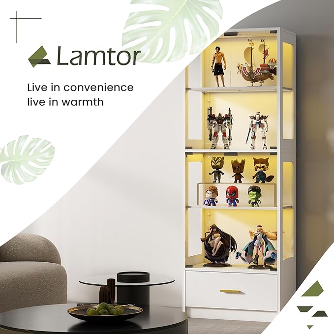 Display Cabinet with Glass Doors - 67" Curio Cabinet with RGB LED Lights and Drawer for Collectibles, 4 Tier Glass Display Case for Living Room, Office, White (Narrow)