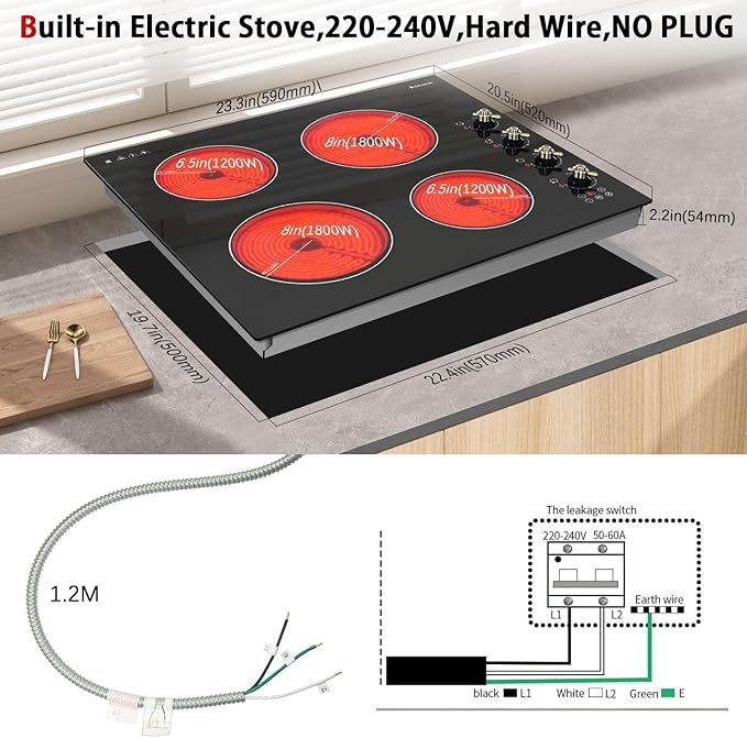Karinear Electric Cooktop 24 Inch, 4 Burners Electric Stove Top, Built-in Radiant Cooktop Knob Control, Safety Lock, Timer, Pause, 6000W 220~240V Hard Wired(No Plug)