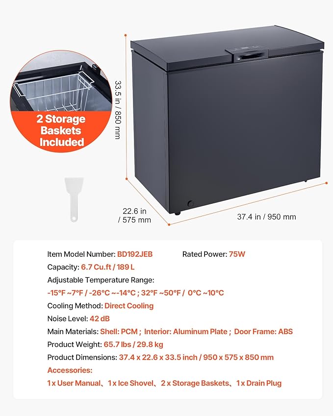 VEVOR Chest Freezer, 6.7 Cu.ft Compact Deep Freezer, Free Standing Top Open Door Chest Freezers with 2 Removable Baskets & Adjustable Thermostat - Energy Saving, Low Noise & Garage Ready, Black