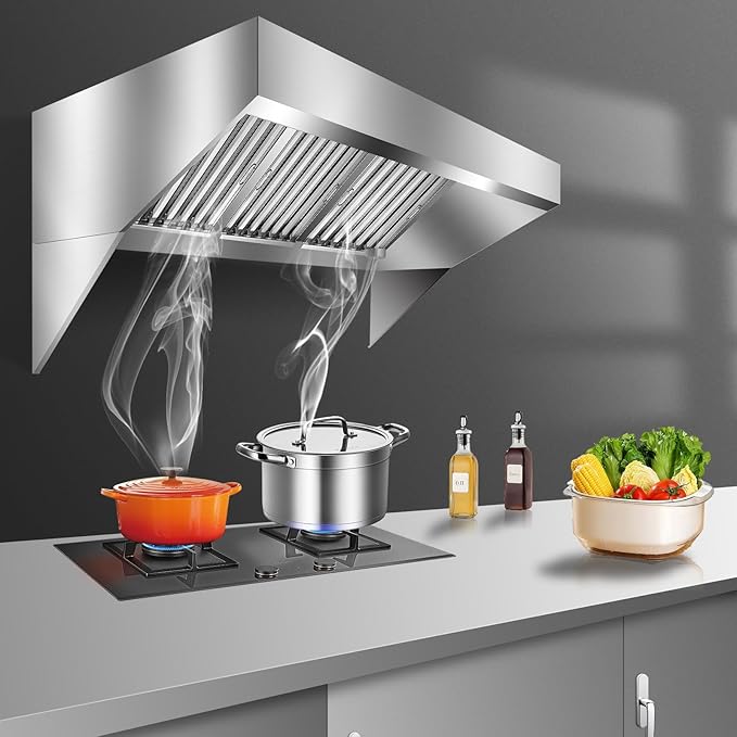 7FT Commercial Kitchen Exhaust Hood, Wall Mount Stainless Steel Vent Hood with 2 Detachable u-Shaped Filters, Rust-Resistant Food Truck & Restaurant Range Hood for Concession Trailer Cooking Station