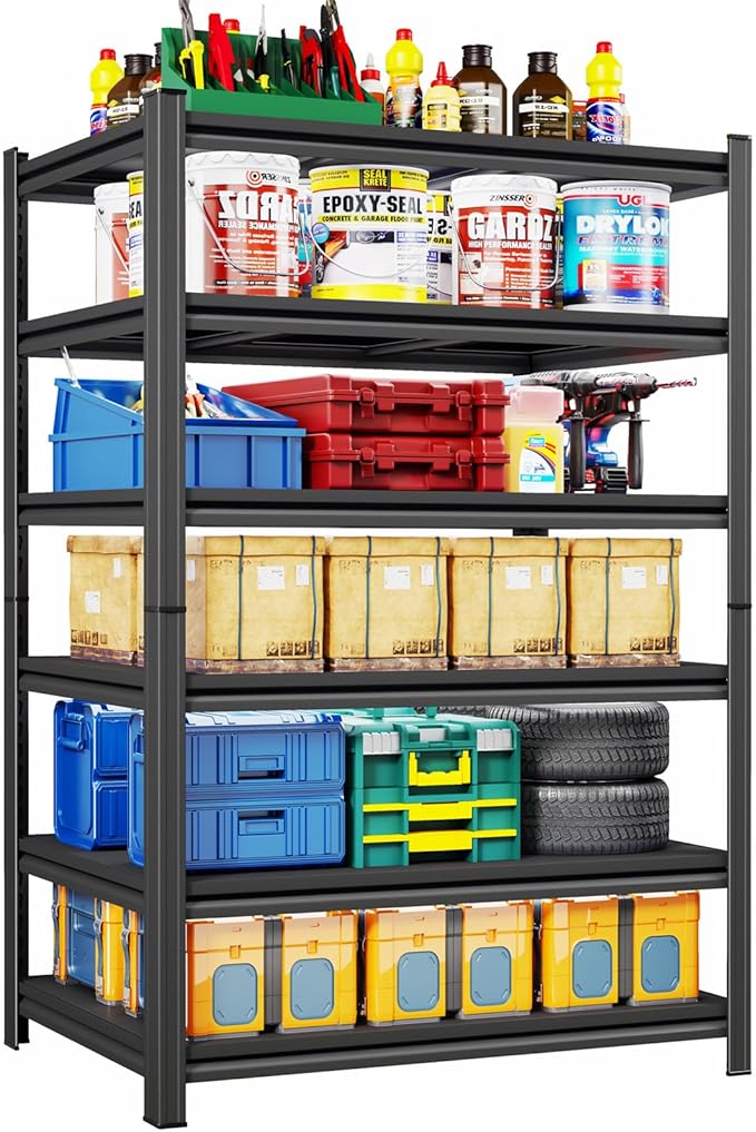 77" H Metal Garage Shelving Unit, 5-Tier Storage Shelves, Adjustable Shelf 3000lbs Capacity, Storage Rack for Garage, Basement, Pantry, Kitchen, 45" W x 16" D, Black