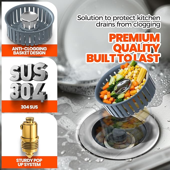 Sink Drain Strainer - Sink Stopper, 3-in-1 Kitchen Stainless Steel Drain Plug with Anti-Clog Basket, Pop-Up Cover Fits Standard 3-1/2” Openings for Double Bowl Kitchen Sinks