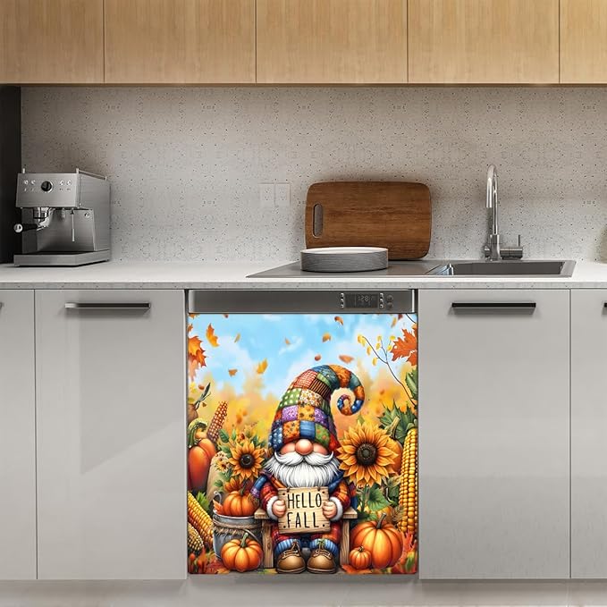 Pumpkin Gnome Cute Sunflower Fall Dishwasher Magnet Cover Pumpkin Flower Magnetic Dishwasher Decorative Cover Front Dishwasher Door Cover for Kitchen Refrigerator Home Appliances 23" X 26"