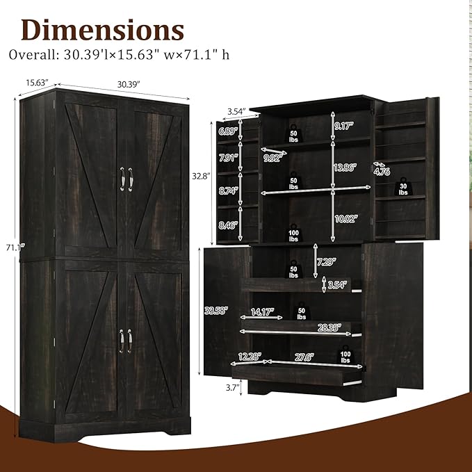 72" Kitchen Pantry Storage Cabinet, Farmhouse Pantry Cabinet with 8 Hanging Rack Shelves & 3 Pull-Out Racks, Pantry Storage Cabinet, Freestanding Cupboard for Kitchen, Dining Room, Oak