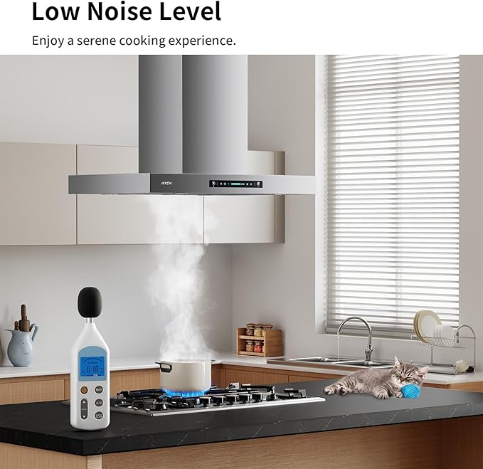 IKTCH Island Mount Range Hood 900 CFM, 42 Inch Stainless Steel Ducted Island Range Hood, Gesture Sensing & Touch Control, 4-Speed Fan