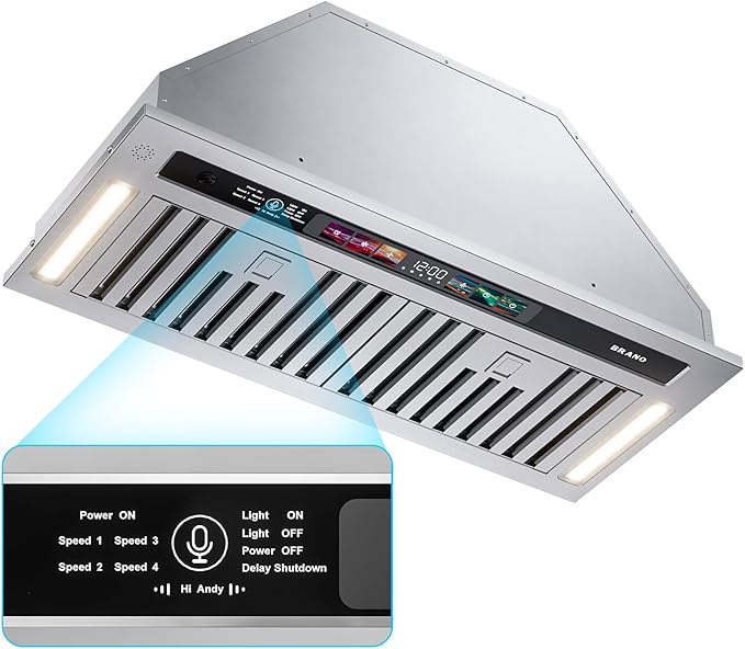 BRANO Range Hood Insert 30 Inch, 900 CFM Smart Voice/Gesture/Touch Control, 4 Speed Exhaust Fan, Stainless Steel Kitchen Hood with Charcoal Filter, Ducted/Ductless Convertible