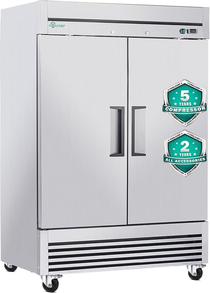 COOLCHEF 54" Commercial Refrigerator 49 Cu.Ft, Stainless Steel 2 Door Reach-in Fridge, 33–40℉, Air Cooling, LED Light, 6 Shelves, R290, ETL