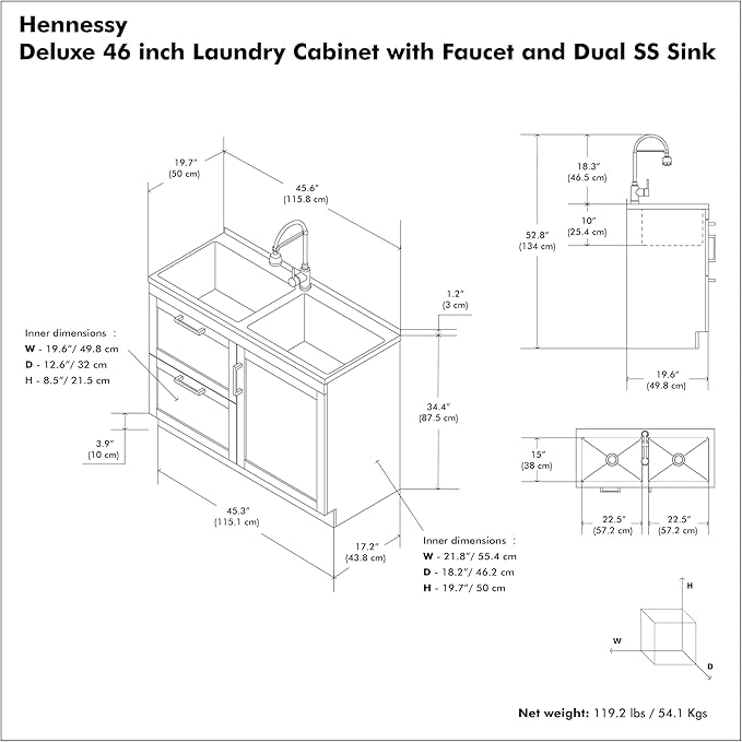 SIMPLIHOME Hennessy All-in-One 46 inch Wide Utility Sink and Laundry Cabinet in Pure White Finish, Transitional Stainless Steel Dual Sink Cabinet for Laundry Rooms with High-Arch Chrome Faucet