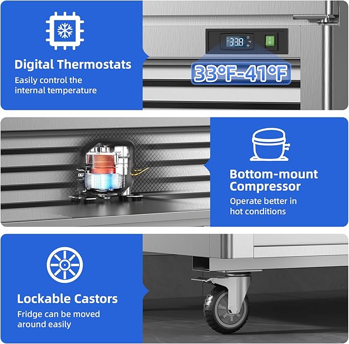 Coolski 54’’ Wide Commercial Refrigerator with 8 Shelves, Stainless Steel Reach-in Refrigerators with 49 Cu.Ft. Capacity 2 Solid Doors for Restaurant Cafe Garage, ETL NSF Approved