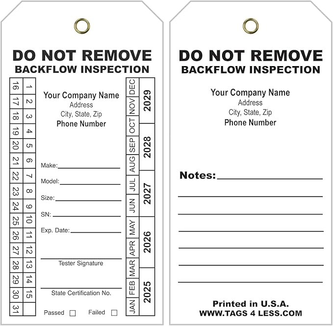 Tags 4 Less Custom Printed Backflow Inspection Tags – 2 5/8" x 5 1/4" Maintenance Record Tag for Backflow Test, Waterproof Heavy Duty Vinyl Plastic for Record-Keeping (Choose Color, Pack of 100)