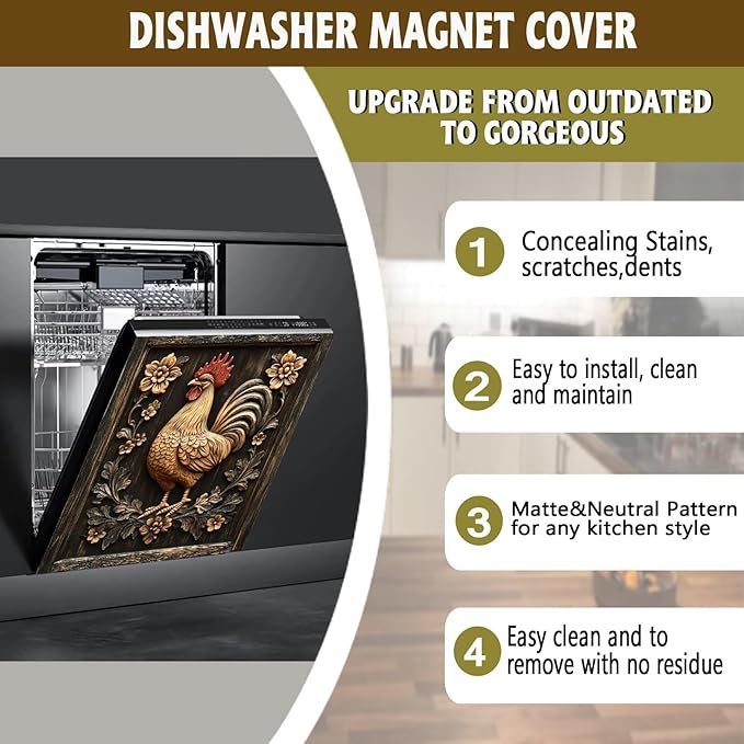 Rustic Farmhouse Rooster Dishwasher Magnet Cover,Vintage Rooster Wood Floral Magnetic Dishwasher Cover Vinyl Sticker,Fridge Door Cover Magnets Art Skin Panel Decal,Home Decor Decal,23"X26"