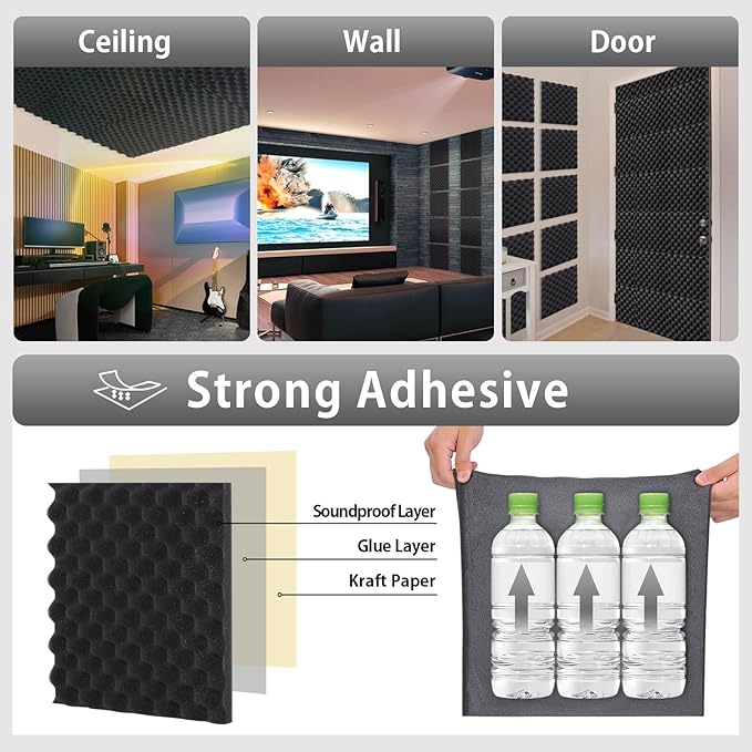 24 Pack Self-Adhesive 12" X 12" X 1.2" Egg Crate Soundproof Wall Panels for Studio, Room Acoustic Treatment Foam, Sound Absorbing Foam Black