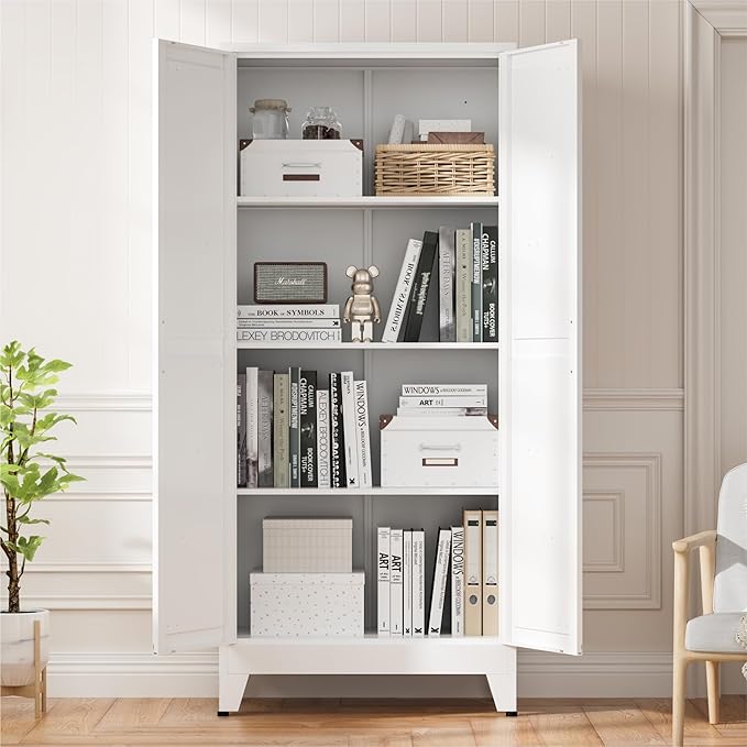 Metal Kitchen Pantry Cabinet, 61" White Farmhouse Storage Cabinet with 2 Vintage Barn Doors and 3 Adjustable Shelves, Rustic Freestanding Cupboard for Kitchen,Home Office Living Room,Dining Room