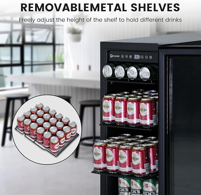 15 Inch Black Beverage Refrigerator Under Counter, 130 Cans Built-in/Freestanding Beverage Cooler, Mini Bar Fridge with Double Tempered Glass Door&Lock, Beverage Fridge for Drink Beer Soda Wine