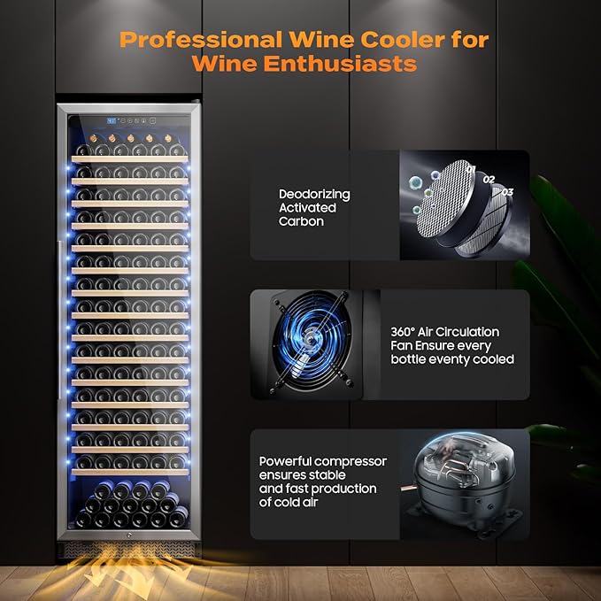 24 Inch Wine Fridge, 187-Bottle Large Capacity Wine Cooler Refrigerator, Freestanding or Built-in Tall Wine Cooler with Upgraded Compressor, Low Noise For Home