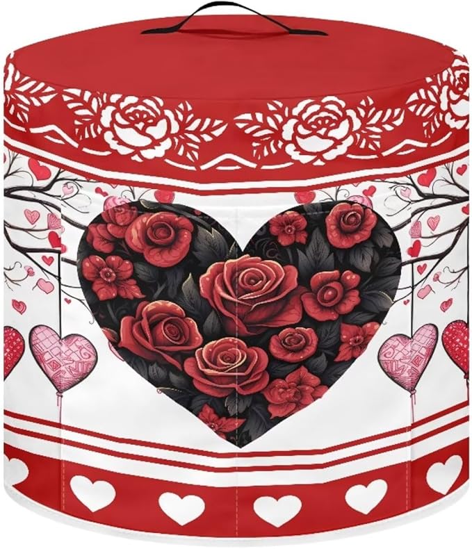 TODIYADDU Red Rose Heart Dust Cover for Electric Pressure Cooker Valentines Air Fryer Cover Dust Cover with Storage Pocket and Handle Portable Instant Pots 3 Quart Pressure Cooker Cover Present