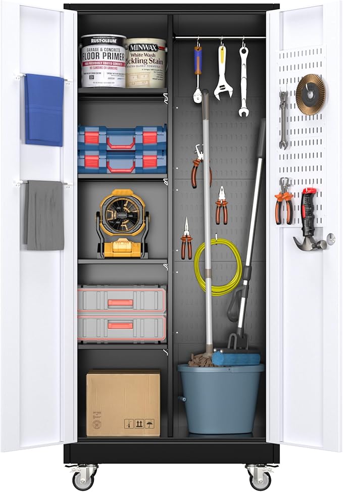 SUXXAN Broom Closet Storage Cabinet, Metal Cabinets with 13 Hooks and Hanging Rods, 71" Metal Storage Cabinet, Heavy Duty Cleaning Cabinet for Garage, Laundry Room