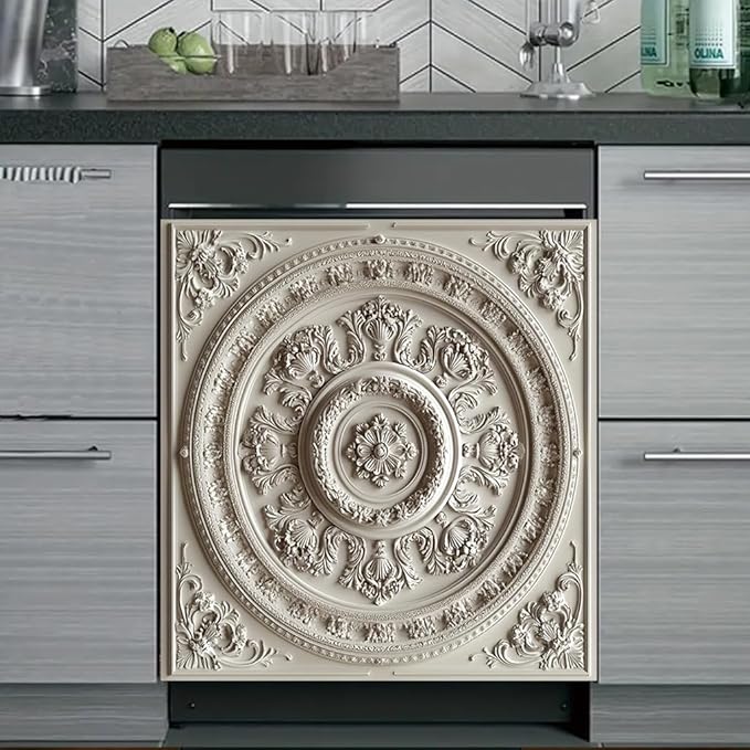 2D Flat White Ornamental Floral Round Pattern Dishwasher Magnetic Cover 23x26 InchClassic Relief Design Universal Appliance Magnet for Kitchen Decor