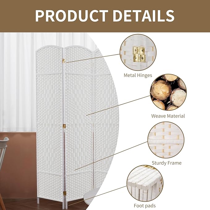 Duraspace 8 Panels Room Divider 6 FT Tall Weave Fiber Privacy Screen Freestanding Double Hinged Folding Screen Extra Wide Room Dividers for Patio Privacy (Off White)