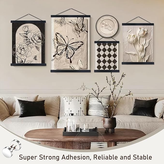 2 Pack Magnetic Poster Hanger Frame, 33x24 33x23 33x47 Light Wood Wooden Magnet Canvas Artwork Print Dowel Poster Hangers Frames Hanging Kit (Black, 33", 2 Packs)
