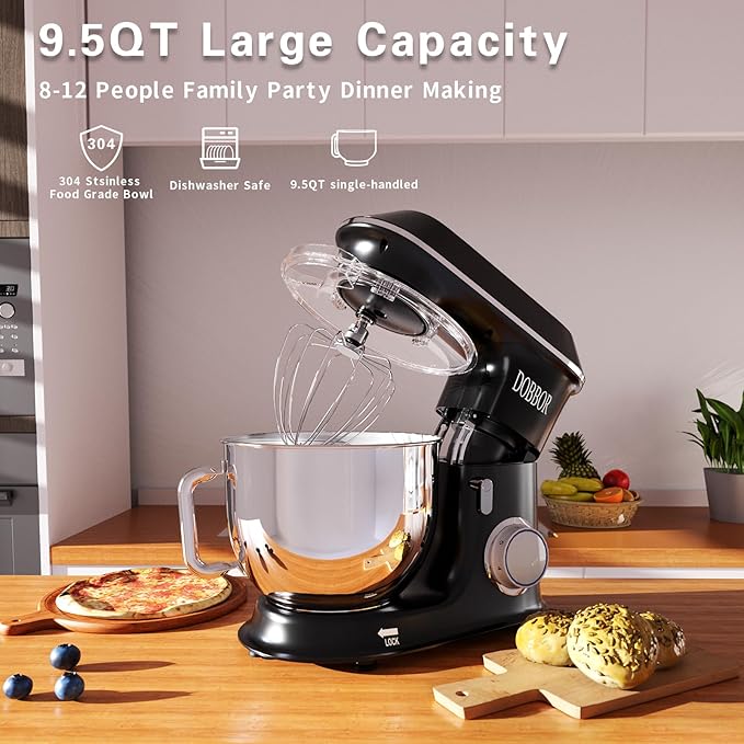 Electric Stand mixer, 9.5QT 660W 6 Speeds Tilt-Head Dough Mixers, Bread Mixer with Dough Hook, Whisk, Beater, Splash Guard for Baking Bread, Cake, Cookie, Pizza, Muffin, Salad and More (Black)