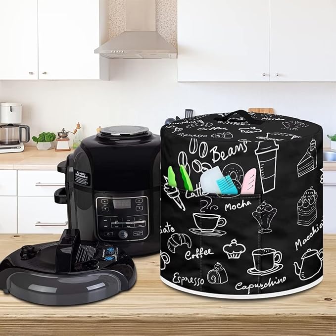 Dust Cover for Kitchen Appliance Accessories for 3 Quart Pressure Cooker Air Fryer Rice Cooker Dust Protection with Storage Pockets, Coffee Dessert Black