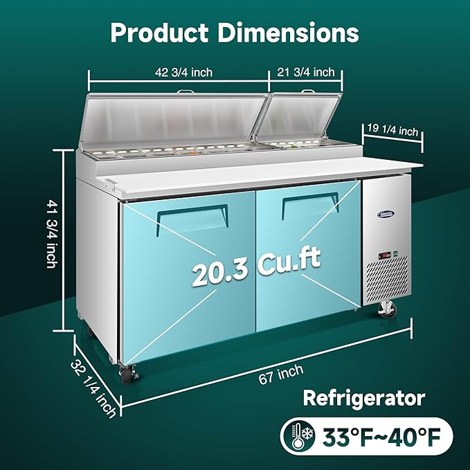 67" Commerical Pizza-Sandwich Prep Table Refrigerator - Double Door Stainless Steel Refrigerator, 21 Cu.ft Capacity, Low Noise, Adjustable Shelves, Auto Defrost, Digital Temp Control