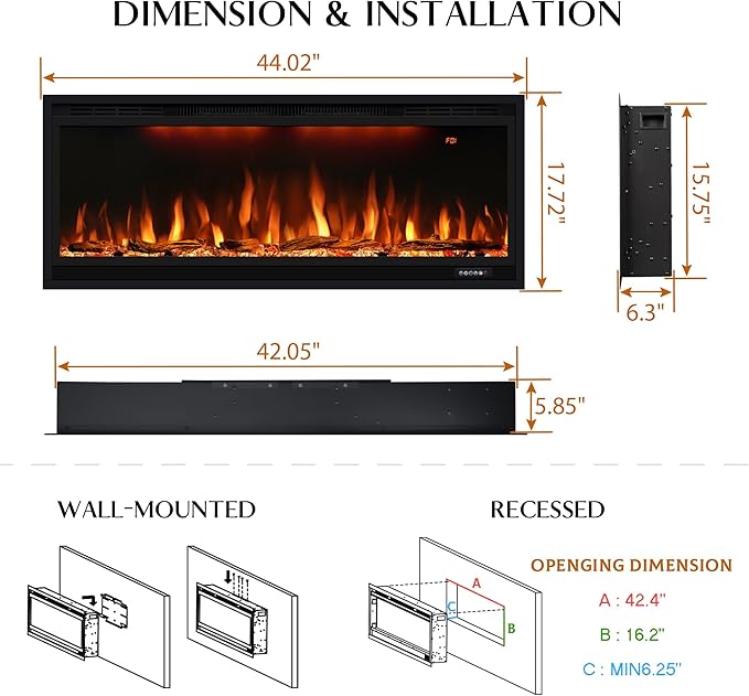 42 inch Smart Electric Fireplace with App Control, Wall Mount & in Wall recessed Fireplace Inserts, Multicolor Flame w/Realistic Log &Crystals, Overheating Protection and Timer, 750W/1500W, Black