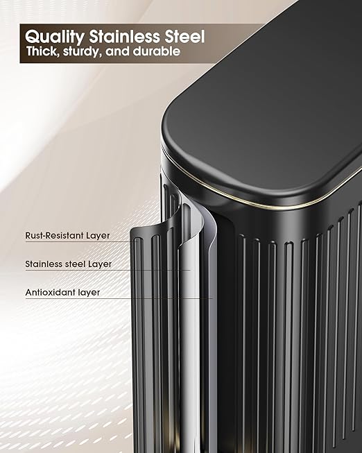 CEROELDA Black Bathroom Trash Can with Lid-10L/2.6 Gallon Stainless Steel Step Slim Garbage Can-Rectangle Pedal Trash Bin for Narrow Office, Kitchen, Bedroom, Toilet-Soft Close