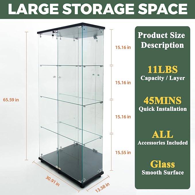 Glass Display Cabinet with LED Light Strip & Mirror Back Panel, 4 Shelves with 2 Doors, Curio Storage Cabinets with Lock for Living Room, Office, Floor Standing Glass Bookshelf - Black