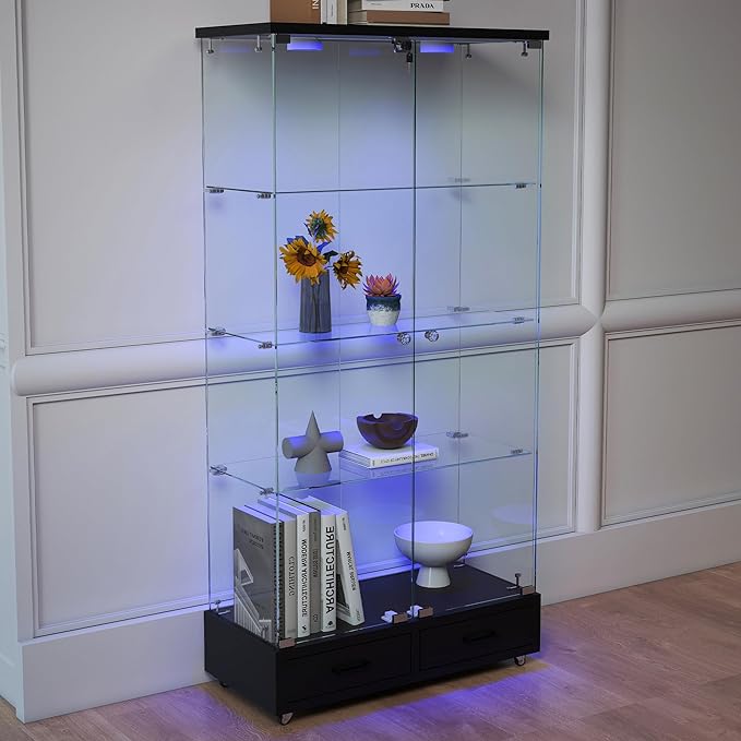 Yoluckea 4 Tier Glass Display Cabinet with LED Lighting and 2 Drawers, 2 Doors Floor Standing Curio Cabinet with Wheel for Home, Office, Corner Display, Black Glass Bookshelf for Collections and Decor