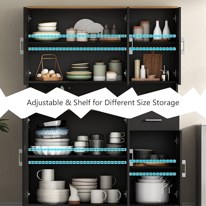 71" Tall Kitchen Pantry Storage Cabinet with Charging Station,Farmhouse Buffet Cabinet with Microwave Shelf,Large Kitchen Hutch Cabinet Doors & Drawer,Food Pantry for Dining Room,Living Room (Black)