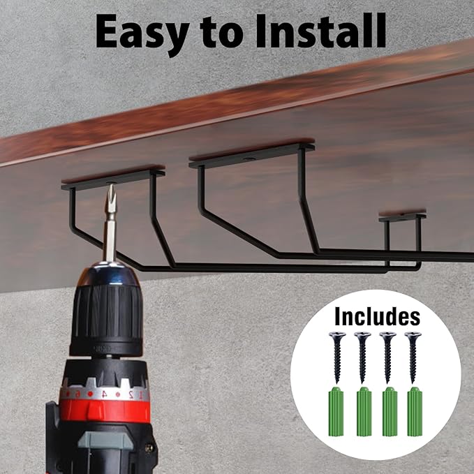 14-Inch Wine Glass Holder - Under Cabinet Metal Stemware Rack for Kitchen Bar - Single Rail Hanging Storage Hanger, Set of 2