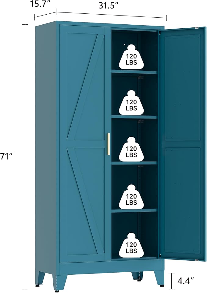 71" Tall Pantry Cabinet, White Metal Pantry Storage Cabinet, Kitchen Pantry Storage Cabinets with 2 Door and 4 Adjustable Shelves (Blue, 71" H)