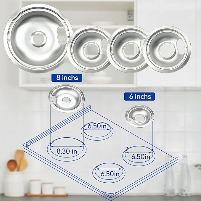 Stove Burner Covers,Chrome Replacement Drip Pans for Frigidaire Kenmore 316048413 and 316048414,4 pcs (3x6" and 1x8")