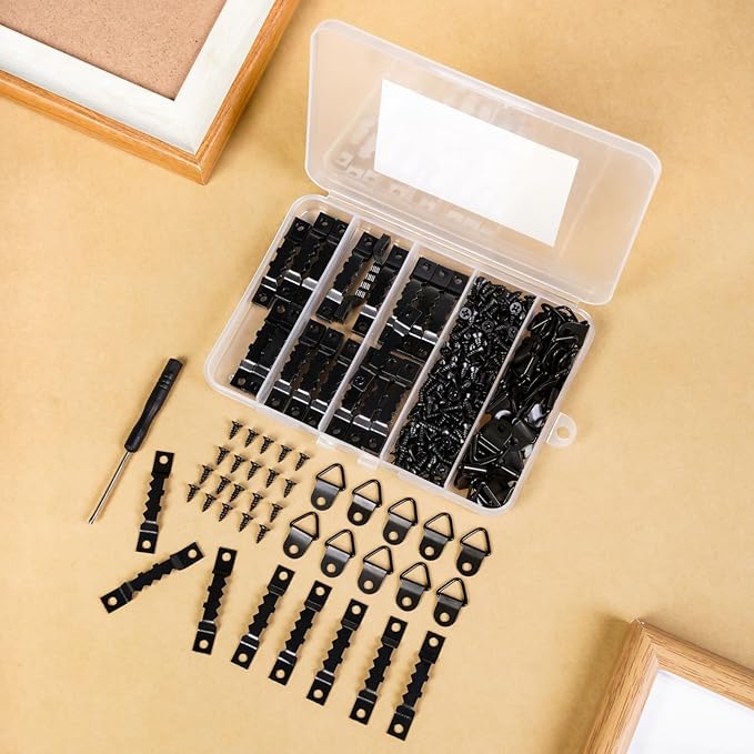 251 Pcs Picture Hanging Kit, Include 50 Sawtooth Picture Hangers, 50 D Rings, 150 Screws and Screwdriver, Heavy Duty Picture Frame Hanging Hardware for Wall Artworks Frame Canvas Mounting