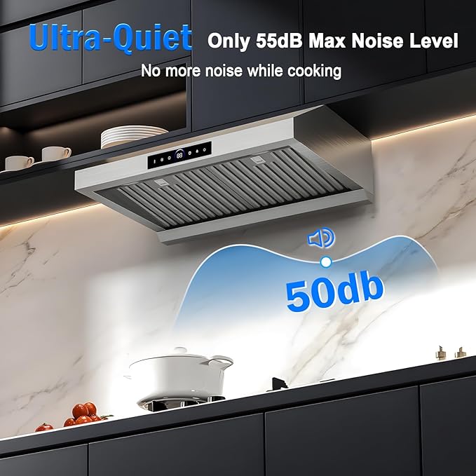 30" Under Cabinet Range Hood- 1200CFM Ultra Powerful Stainless Steel Ducted Vent Hood with 4 Speeds,Smart Touch Panel, 3W LED Lights, Quiet Kitchen Exhaust Hood,17S-E30