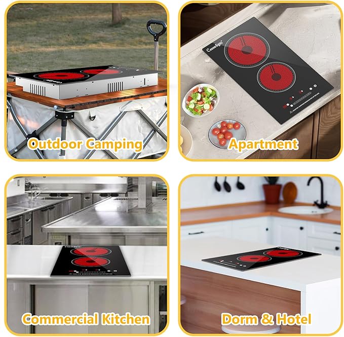 2 Burner Electric Ceramic Cooktop, 110-120V Plug In Countertop Stove, Touch Control with 99-Min Timer, Child Lock & Auto Shutoff, 12 Inch Radiant Cooktop for Indoor Cooking