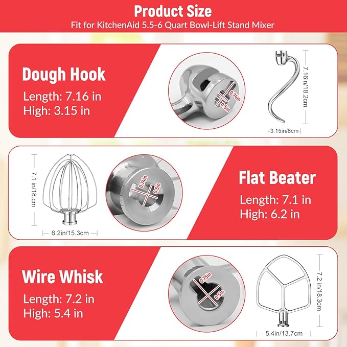 4-Piece Stainless Steel Accessory Set for KitchenAid 5-6 Qt Bowl-Lift Stand Mixers: 6-Wire Whip, Flat Beater & Spiral Dough Hook | Fits KP26, KL26, KB26, KSM55/60 | Heavy-Duty & Dishwasher Safe