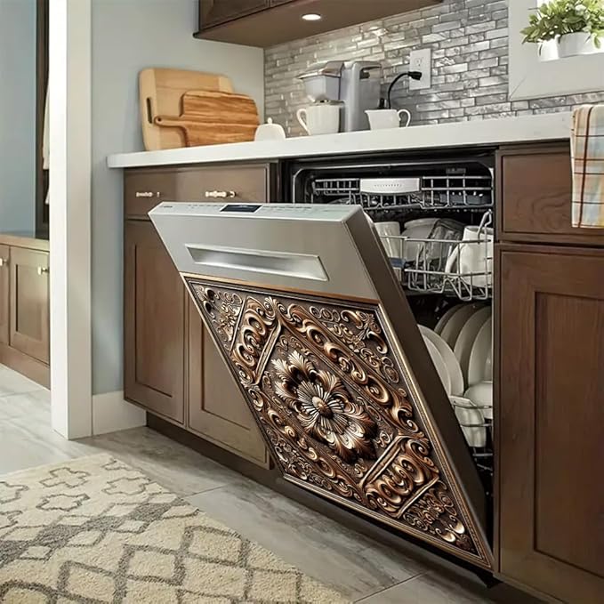 2D Flat Vintage Bronze Floral Embossed Dishwasher Magnetic Cover 23x26 Inch OrnateMetal Carved Pattern Appliance Magnet for Kitchen Decor