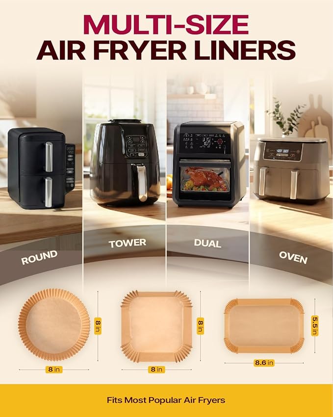 Katbite Air Fryer Liners Disposable - 8 inch Square Non-Stick Airfryer Paper Liners, Unbleached Parchment Paper for 5 to 8 Qt Basket, Frying, Baking, Cooking, Roasting, Easy Cleanup, 130pcs