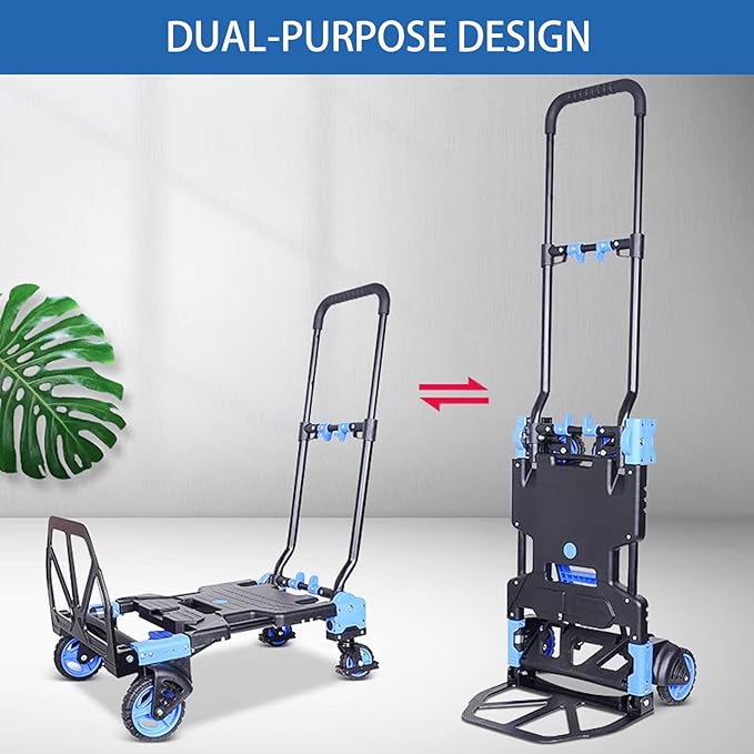 Folding Hand Truck Dolly Capacity Collapsible Heavy Duty Utility Cart with Adjustable Handle Convertible Trolley for Luggage Moving Camping Home Office (Blue, 65cm*46cm*92cm)